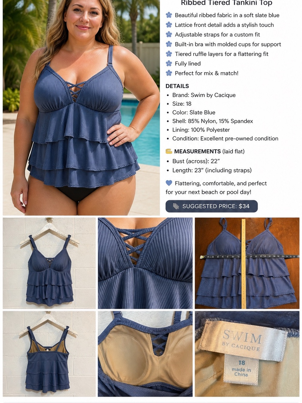 Cacique Slate Blue Ribbed Tiered One-Piece Swim Top